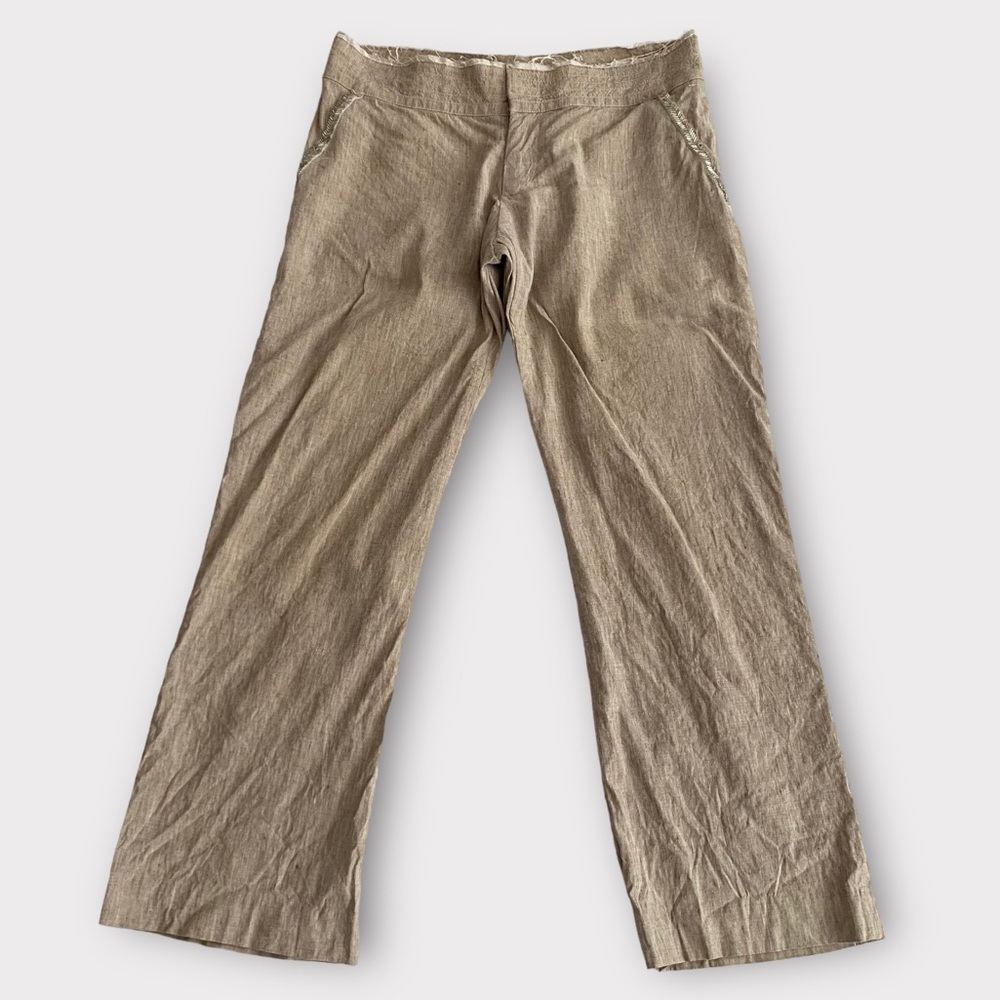 Ya-Ya Women’s Pants Size 6 Linen Blend Wide Straight Leg Beaded Detail Raw Hem